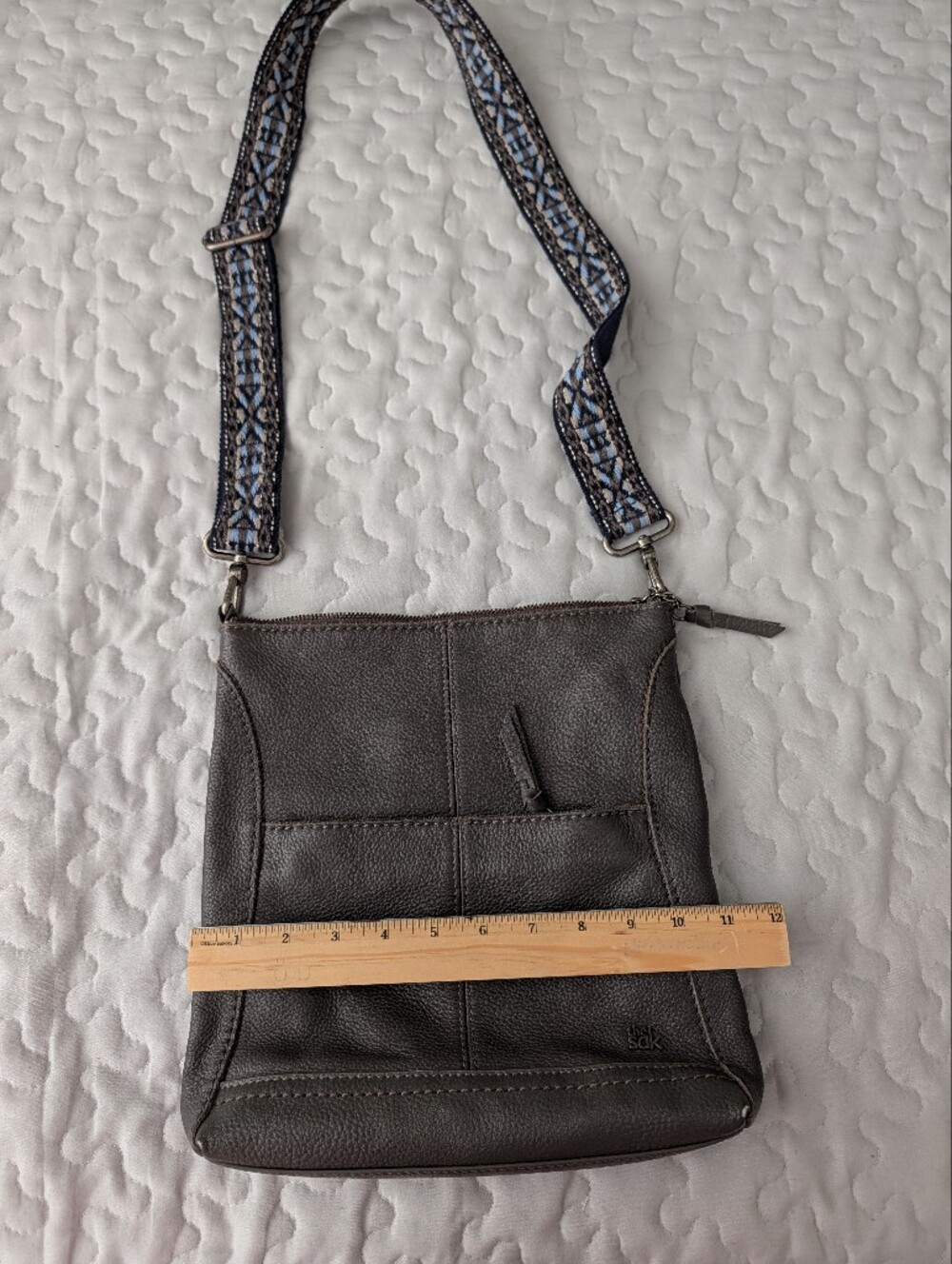 The Sak Leather Grey Crossbody Bag with Patterned Strap